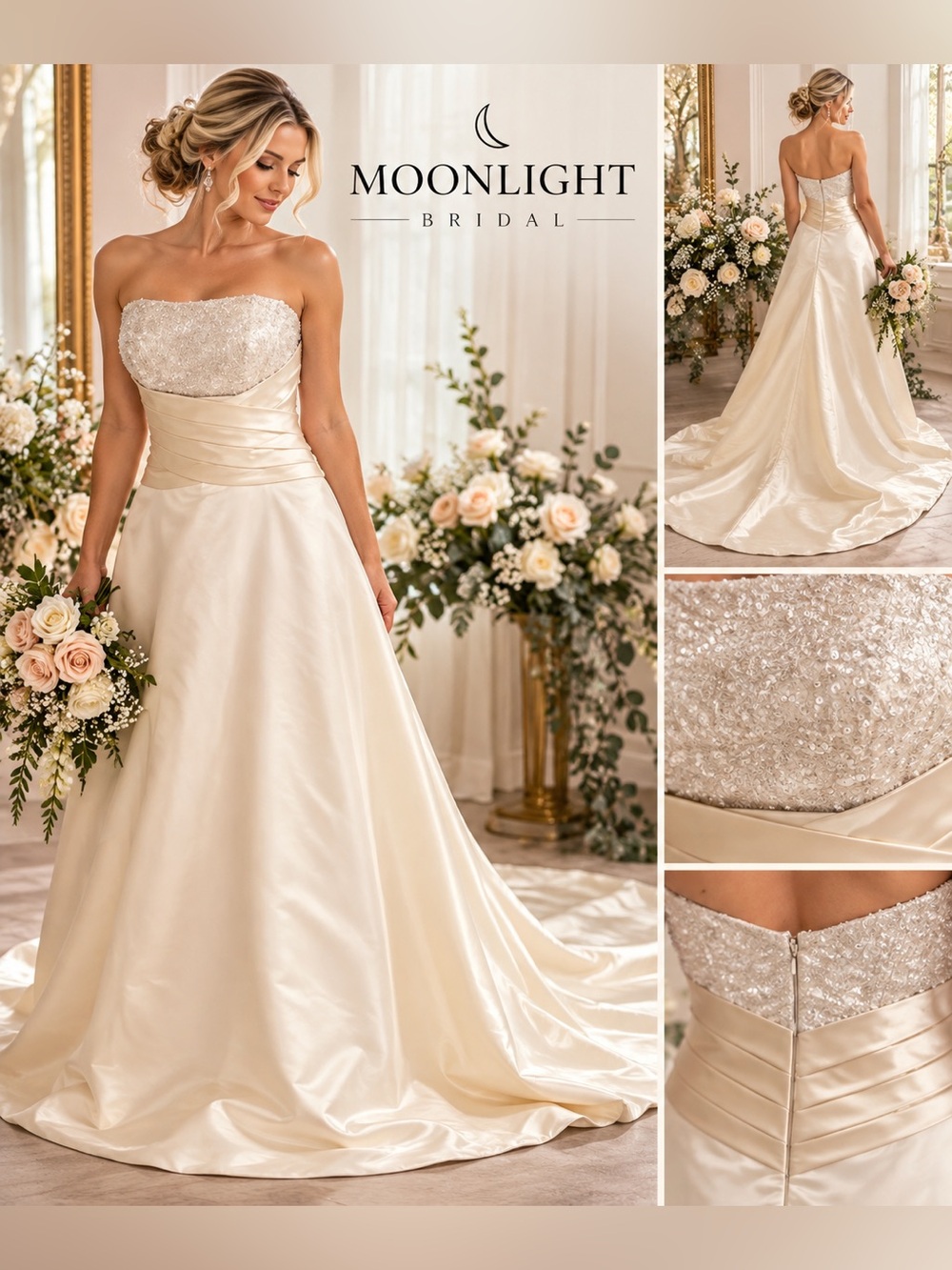 Moonlight Bridal Silk Wedding Gown Champagne Strapless Chapel Train Size 12